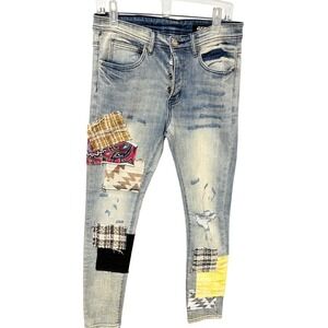 GFTD Los Angeles Distressed Patchwork Jeans Mens Size 30 Blue Denim